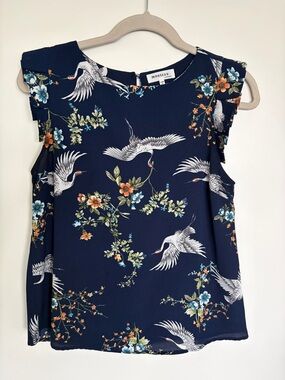 Monteau Navy Crane & Floral Ruffle Sleeve Top
